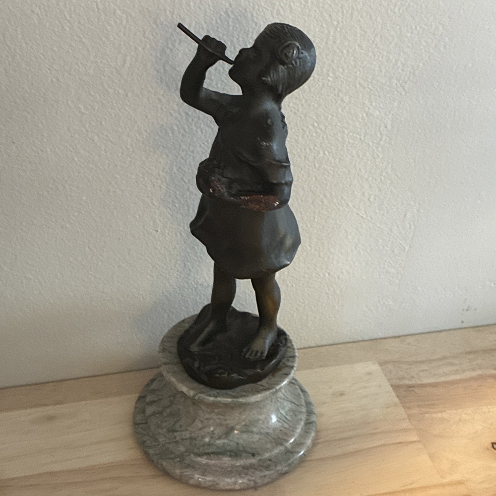 Vintage Brass Girl  Playing Flute & Bsaket  Figurine with a Marble Base‎ 9 1/4"